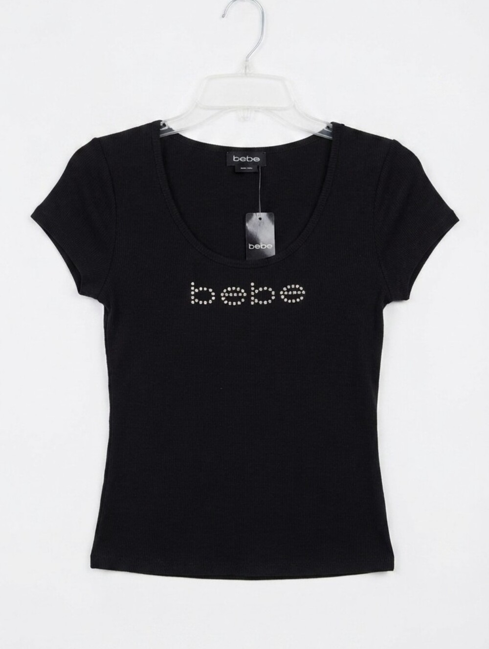 Bebe Black Short Sleeve Scoop Neck Crystal Logo Tee Large NWT